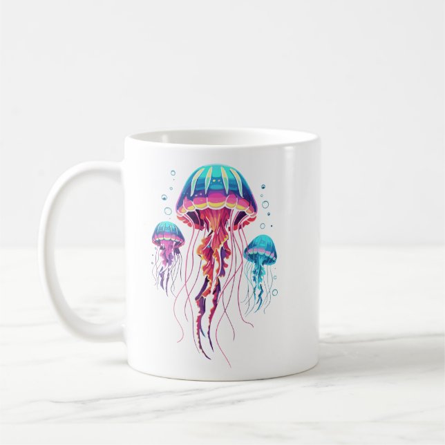 Neon Bioluminescent Jellyfish Trio Aesthetic Coffee Mug (Left)