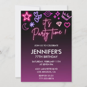 Neon birthday 77th birthday Black Pink  Invitation