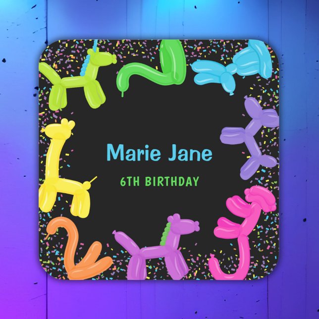 NEON BIRTHDAY ANIMALS BALLOONS PAPER PLATES SQUARE STICKER (Creator Uploaded)