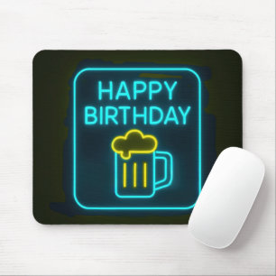 Neon Birthday Beer Mug On Black Mouse Mat