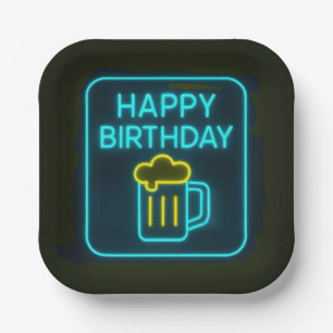 Neon Birthday Beer Mug On Black Paper Plate