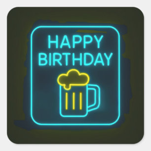 Neon Birthday Beer Mug On Black Square Sticker