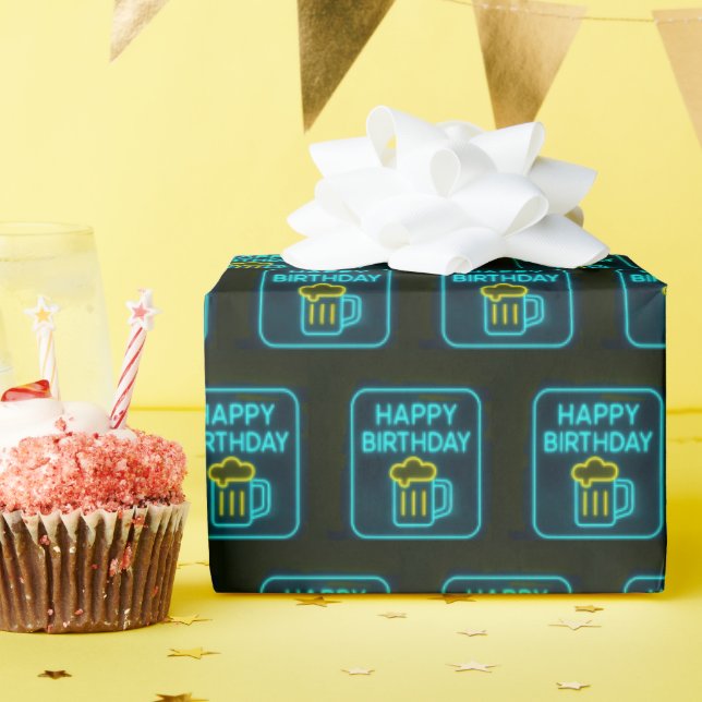 Neon Birthday Beer Mug On Black Wrapping Paper (Birthday Party)