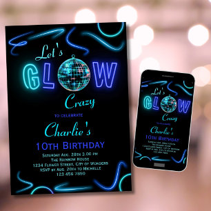 Neon Birthday Invitation Boys Let's Glow Crazy