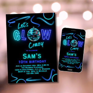 Neon Birthday Invitation Boys Let's Glow Crazy