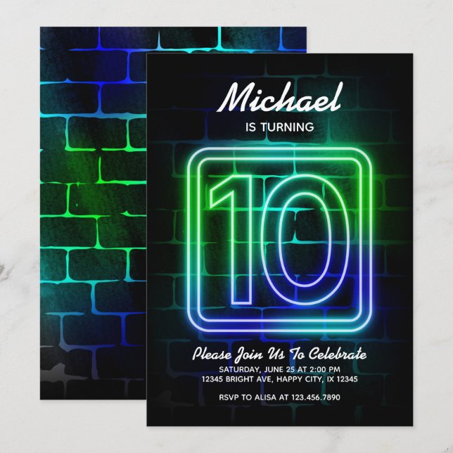 Neon Birthday invitation for Boy 10th Birthday (Front/Back)