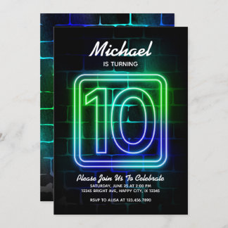 Neon Birthday invitation for Boy 10th Birthday