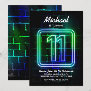 Neon Birthday invitation for Boy 11th Birthday