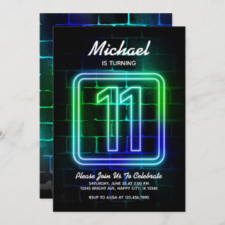 Neon Birthday invitation for Boy 11th Birthday