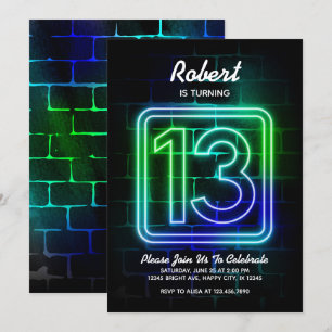 Neon Birthday invitation for Boy 13th Birthday