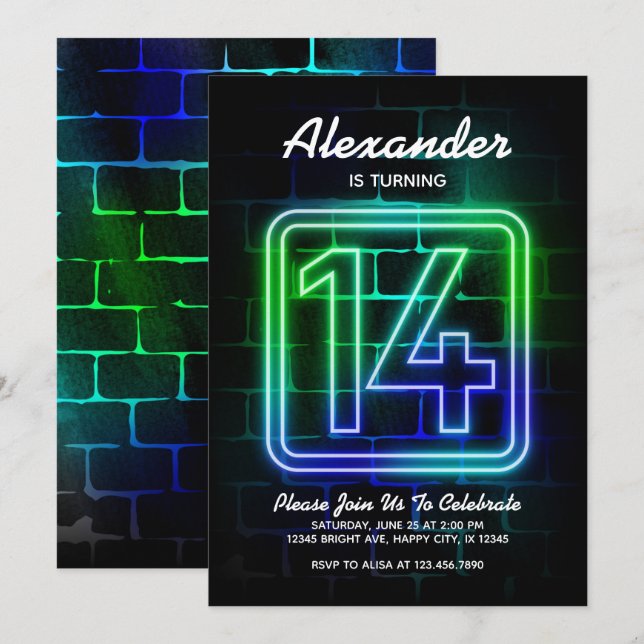 Neon Birthday invitation for Boy 14th Birthday (Front/Back)