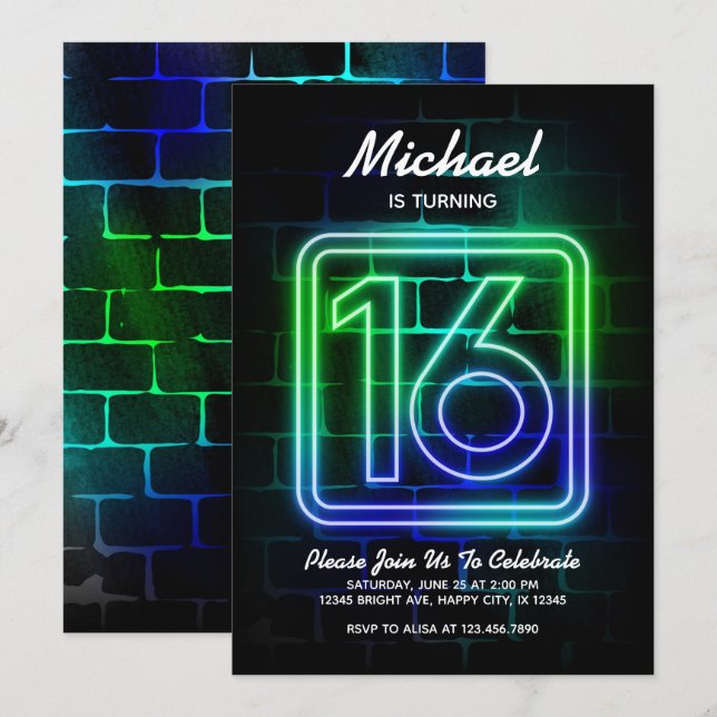 Neon Birthday invitation for Boy 16th Birthday (Front/Back)