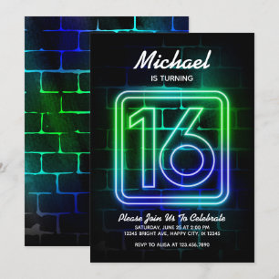 Neon Birthday invitation for Boy 16th Birthday