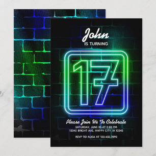 Neon Birthday invitation for Boy 17th Birthday