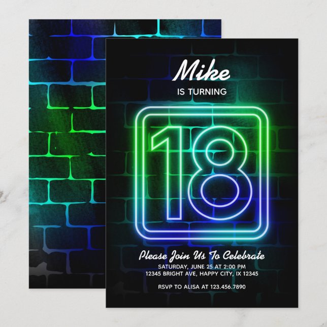 Neon Birthday invitation for Boy 18th Birthday (Front/Back)
