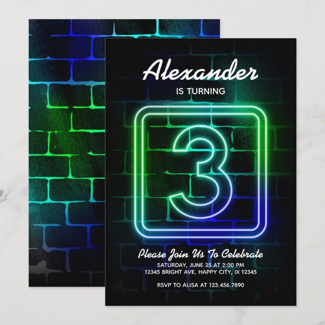 Neon Birthday invitation for Boy 3rd Birthday (Front/Back)