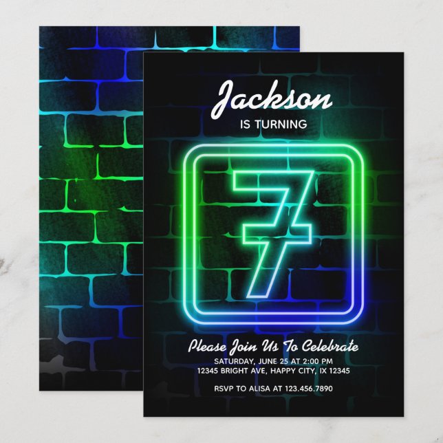Neon Birthday invitation for Boy 7th Birthday (Front/Back)