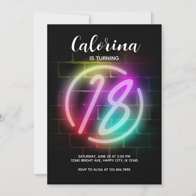 Neon Birthday invitation for Girl 18th Birthday (Front)
