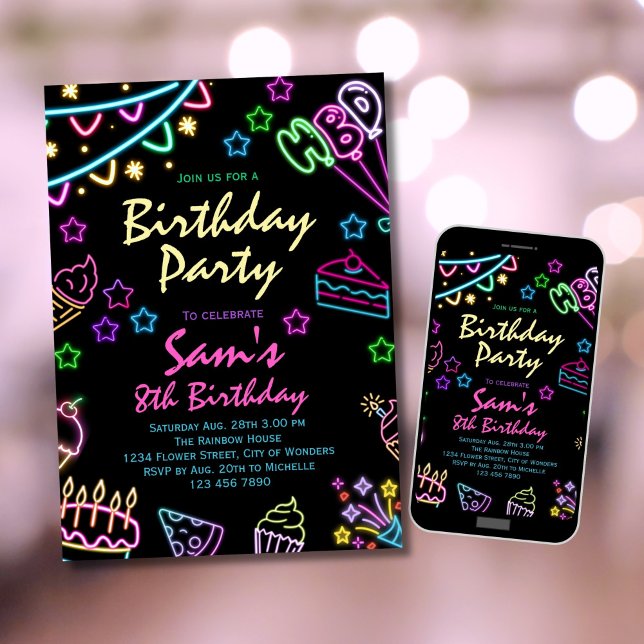 Neon Birthday Invitation Girls Neon Glow Party (Creator Uploaded)