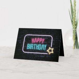 Neon Birthday Marquee On Brick Card