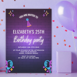 Neon Birthday Party Invitation Brick Wall Style