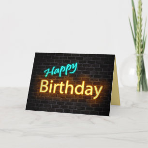 neon birthday sign on brick card