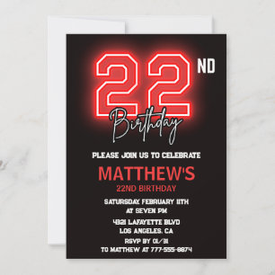 Neon Black 22nd birthday invitation Men birthday