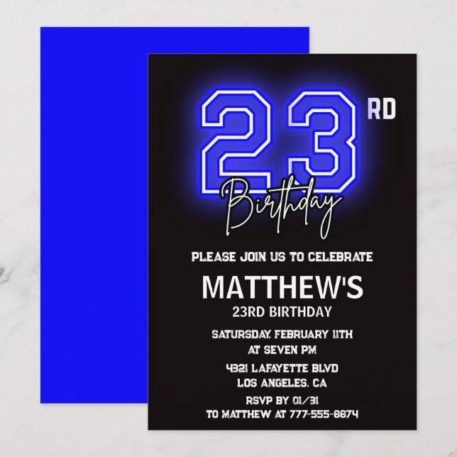  Neon Black 23rd birthday invitations Men Sport (Front/Back)