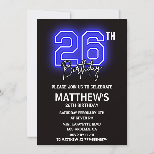 Neon Black 26th birthday invitations Men Sport (Front)