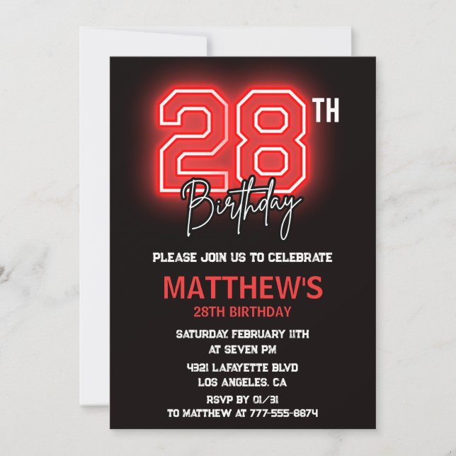 Neon Black 28th birthday invitation Men birthday (Front)
