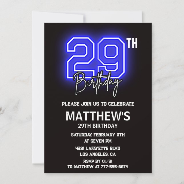 Neon Black 29th birthday invitations Men Sport (Front)