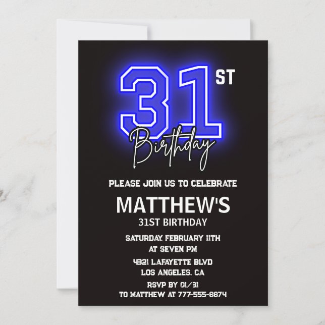 Neon Black 31st birthday invitations Men Sport (Front)