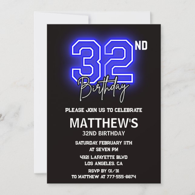 Neon Black 32nd birthday invitations Men Sport (Front)
