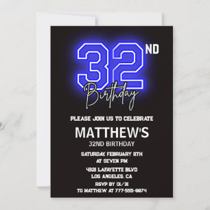 Neon Black 32nd birthday invitations Men Sport
