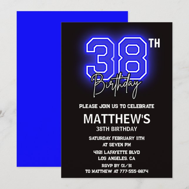 Neon Black 38th birthday invitations Men Sport (Front/Back)