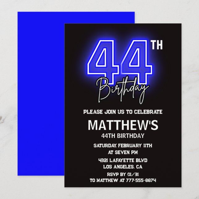 Neon Black 44th birthday invitations Men Sport (Front/Back)