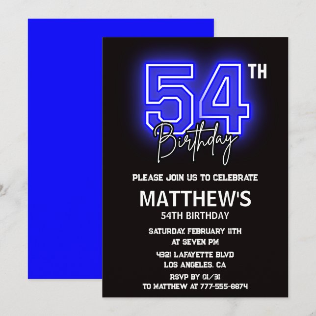 Neon Black 54th birthday invitations Men Sport (Front/Back)