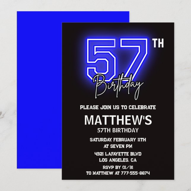Neon Black 57th birthday invitations Men Sport (Front/Back)