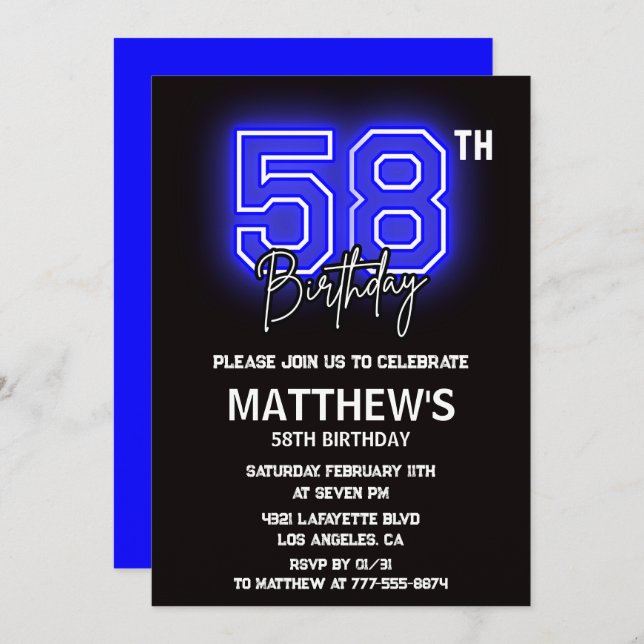 Neon Black 58th birthday invitations Men Sport (Front/Back)