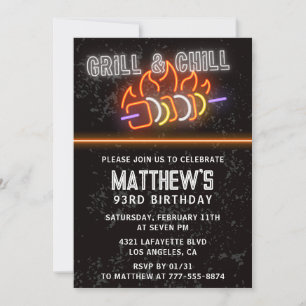Neon Black Bbq Grill and Chill 93rd birthday Invitation