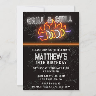 Neon Black Bbq Grill Chill 39th birthday Invitation