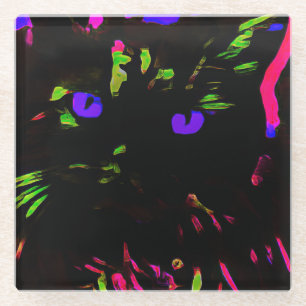 Neon Black Cat with Glowing Eyes Glass Coaster