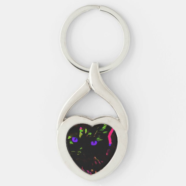 Neon Black Cat with Glowing Eyes Key Ring (Front)