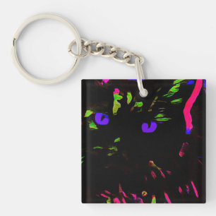 Neon Black Cat with Glowing Eyes Key Ring