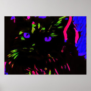 Neon Black Cat with Glowing Eyes Poster