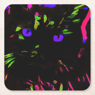 Neon Black Cat with Glowing Eyes Square Paper Coaster