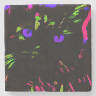 Neon Black Cat with Glowing Eyes Stone Coaster