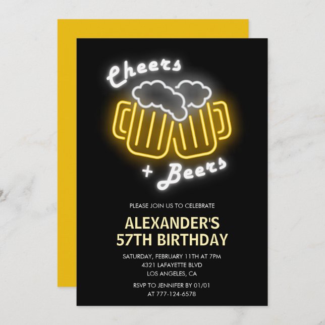 Neon Black Mens Cheers and Beers 57th birthday  Invitation (Front/Back)