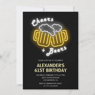Neon Black Mens Cheers and Beers 61st birthday  In Invitation
