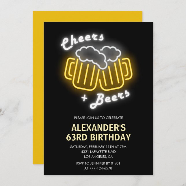 Neon Black Mens Cheers and Beers 63rd birthday Invitation (Front/Back)